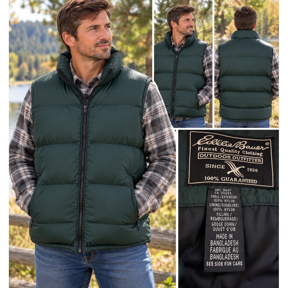 Eddie Bauer Men's Down Puffer Vest Green Outdoor Full Zip Vintage Style XXL